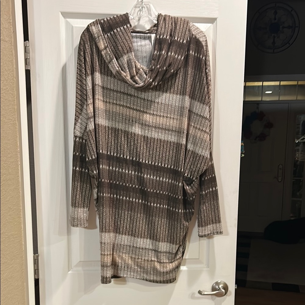 S-Twelve Striped Cowl Neck Tunic in Brown and Cream